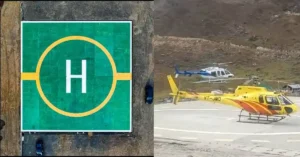 An aerial view of a helipad and helicopters stationed at a mountain helipad in Uttarakhand.