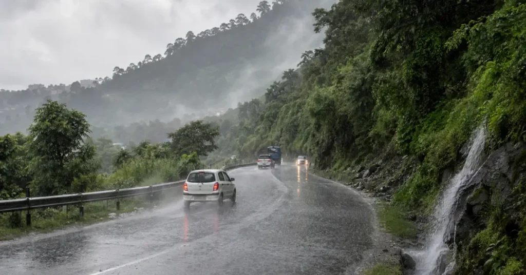 Vehicles travelling on a rain-soaked mountain road in Uttarakhand during heavy monsoon rainfall.