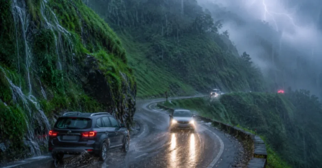 Vehicles moving cautiously on a rain-soaked mountain highway amid heavy rainfall, lightning and low visibility in Uttarakhand.