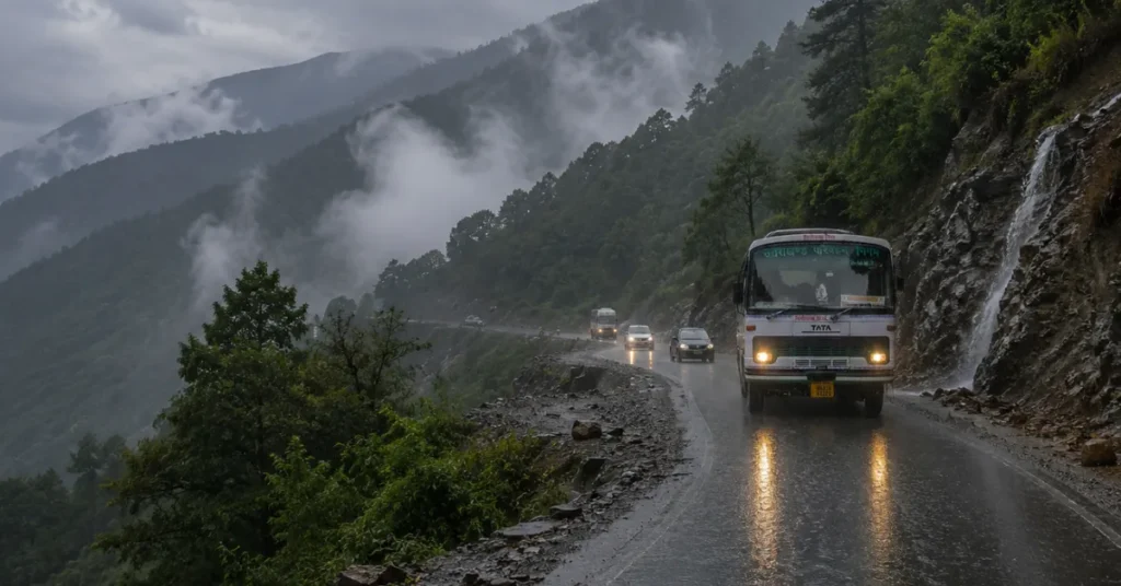 Uttarakhand Roadways bus and other vehicles travel cautiously on a rain-soaked mountain road amid low clouds and reduced visibility during the monsoon.