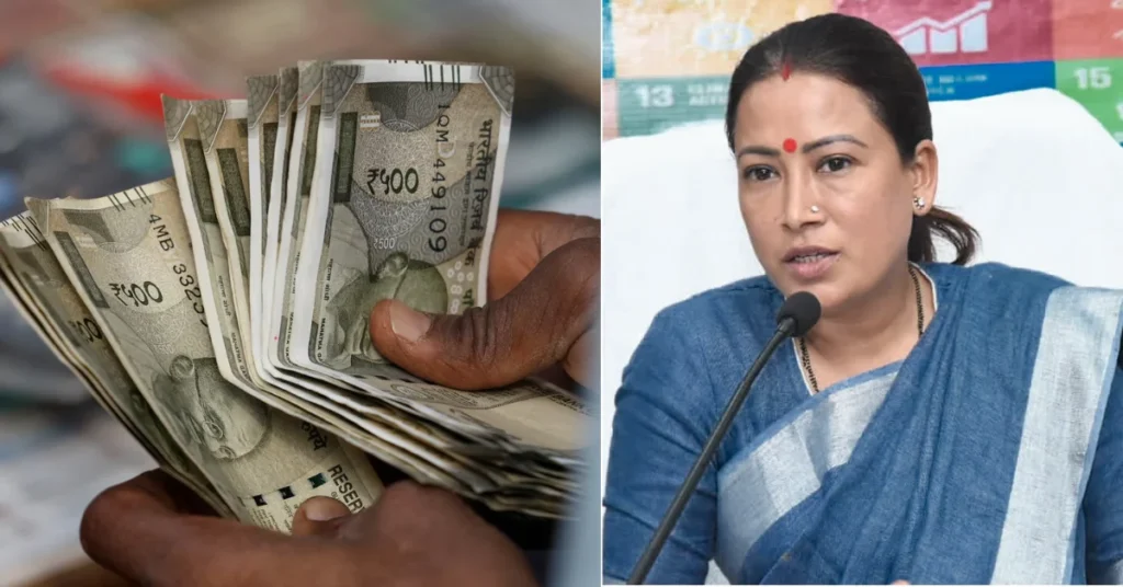 Indian currency notes alongside Uttarakhand minister Rekha Arya during the announcement of the new SOP for PRD volunteers' honorarium during treatment.
