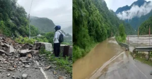 Landslide debris blocking a mountain highway and rainwater inundating another road section in Uttarkashi after heavy monsoon rainfall.