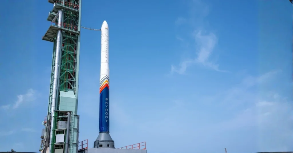 Skyroot Aerospace's Vikram-1 launch vehicle stands on the launch pad at the Satish Dhawan Space Centre before its successful orbital mission.