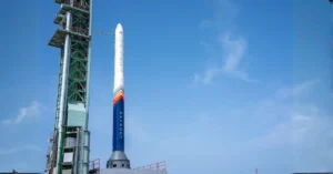 Skyroot Aerospace's Vikram-1 launch vehicle stands on the launch pad at the Satish Dhawan Space Centre before its successful orbital mission.