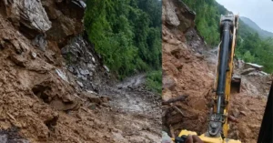 Heavy machinery clearing landslide debris from the Yamunotri National Highway near Syanachatti during monsoon in Uttarkashi.