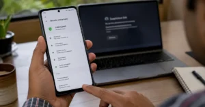 Indian smartphone user checking Android security settings to protect against cyber fraud