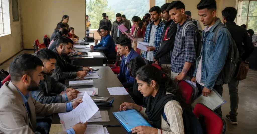 Young job seekers participating in a private-sector employment fair at a government college in Champawat, Uttarakhand