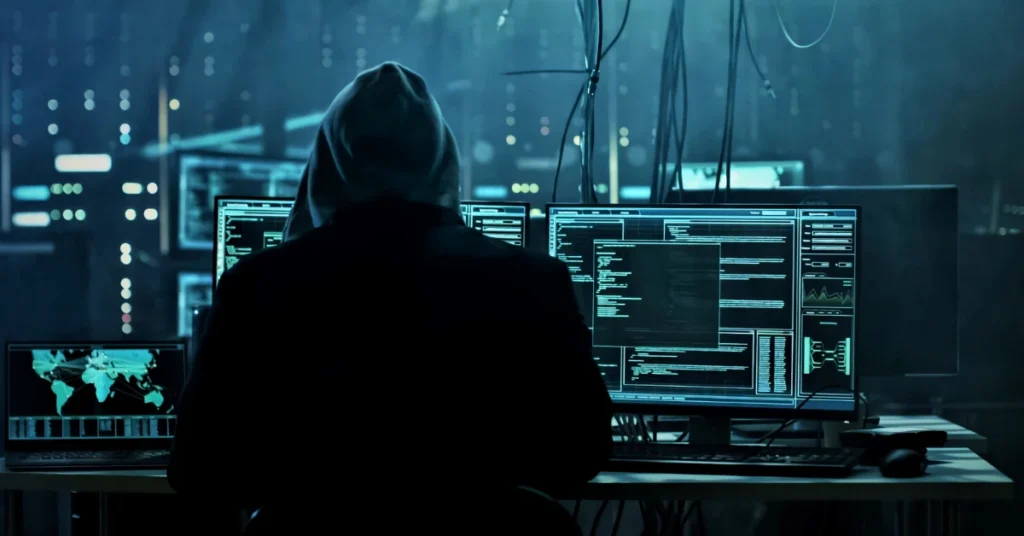 A hooded individual working at multiple computer screens, representing cyber fraud and online financial scams.