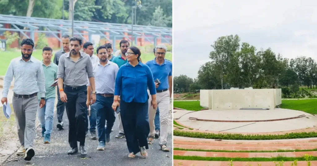 District officials inspect the ongoing construction of the President's Garden project, alongside a view of the developing public park area in Dehradun.