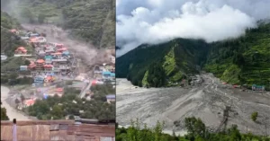 A comparison image showing Dharali village during the 2025 debris flow disaster and the same area one year later, highlighting changes in the landscape and reconstruction efforts.
