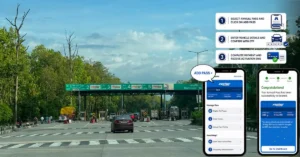 A FASTag-enabled toll plaza with an editorial infographic explaining the FASTag Annual Pass activation process through the Rajmargyatra App.