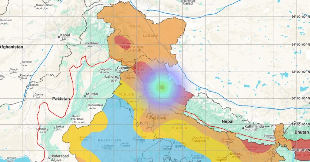 National Center for Seismology seismic activity map showing North India and the Himalayan region.