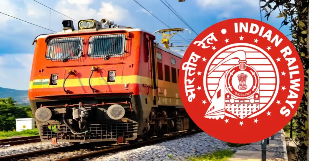 Indian Railways locomotive travelling on railway tracks with the Indian Railways emblem displayed prominently