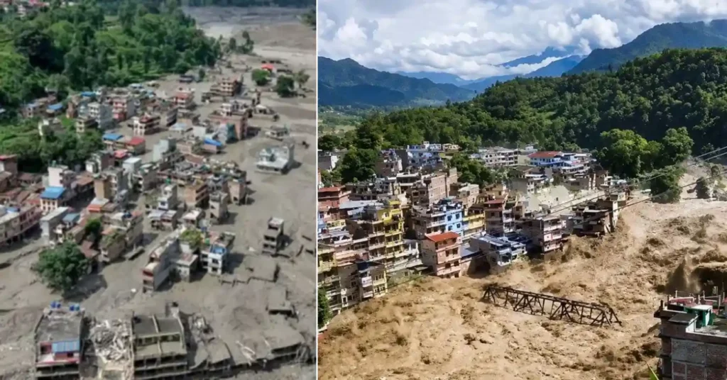Flood-affected Himalayan settlement with extensive mud and debris covering buildings and roads