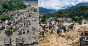 Flood-affected Himalayan settlement with extensive mud and debris covering buildings and roads