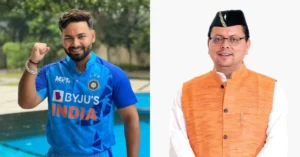 Indian cricketer Rishabh Pant alongside Uttarakhand Chief Minister Pushkar Singh Dhami in a representative editorial image related to Pant's request to build a home in Uttarakhand.