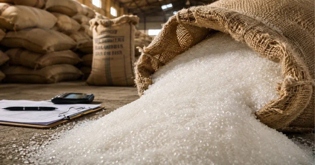 Bulk white sugar spilling from a jute sack in a commercial storage warehouse