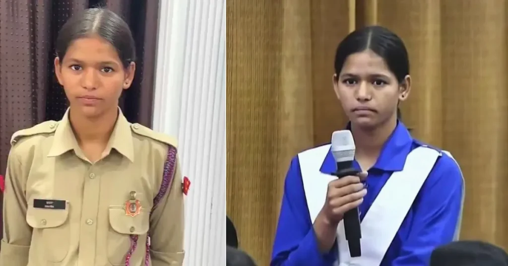 Young Indian taekwondo player shown in uniform and speaking at a public programme in Dehradun.