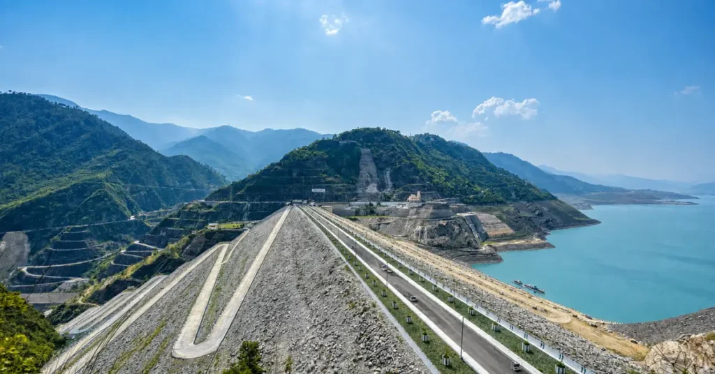 Tehri Lake and surrounding mountain landscape in Uttarakhand