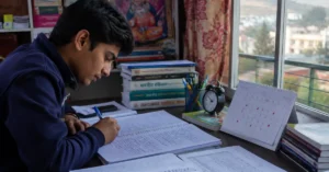 Young Uttarakhand government job aspirant studying with a recruitment examination calendar