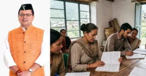 A composite showing a Uttarakhand public figure alongside adults participating in a literacy learning session.