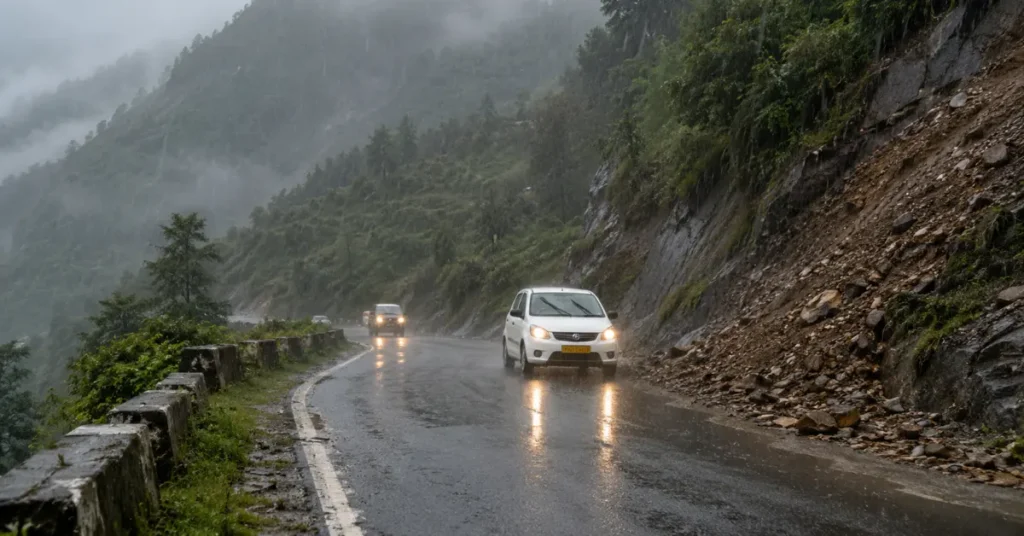Heavy rain and low visibility on a mountain road in Uttarakhand during the monsoon.