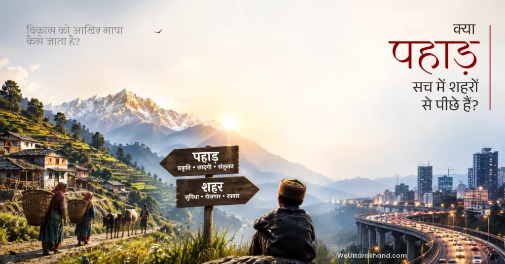 Illustrated comparison of a Uttarakhand mountain village and a modern city representing different dimensions of development.