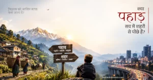 Illustrated comparison of a Uttarakhand mountain village and a modern city representing different dimensions of development.