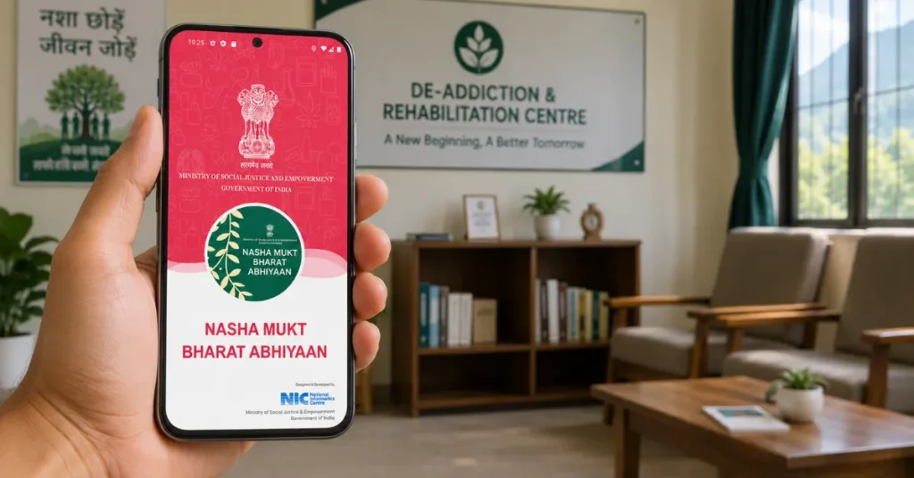 Nasha Mukt Bharat Abhiyaan app displayed on a smartphone inside a de-addiction and rehabilitation centre