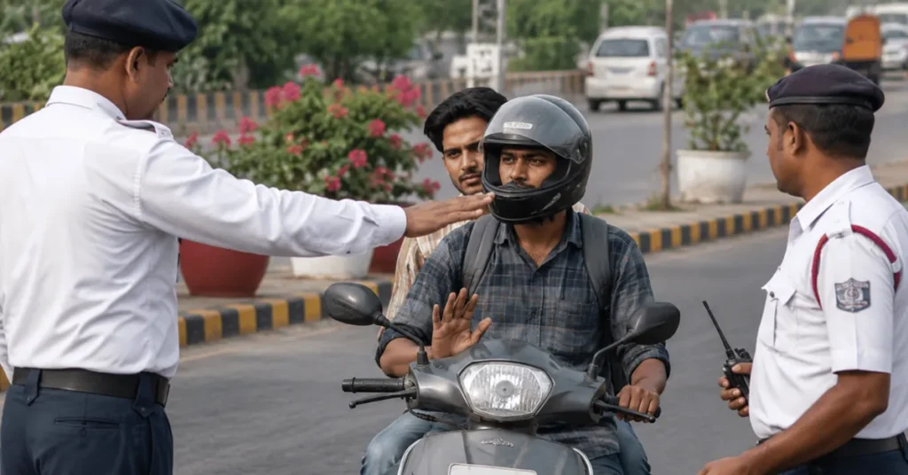 Traffic police checking a scooter rider and his driving licence on an Indian road