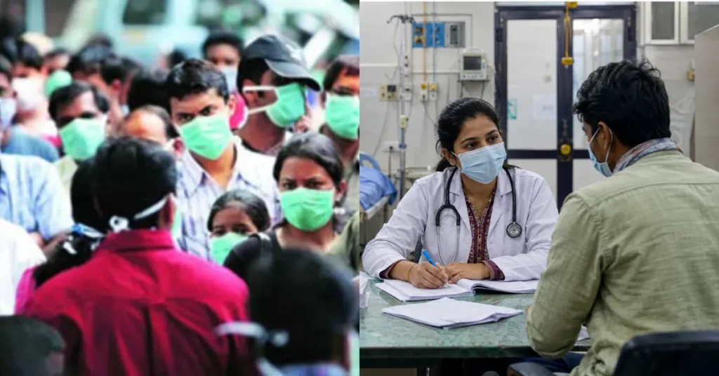Healthcare workers monitoring a patient during respiratory illness screening at a hospital in Uttarakhand