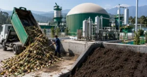 Municipal wet organic waste being processed at a biogas facility in an urban Uttarakhand setting