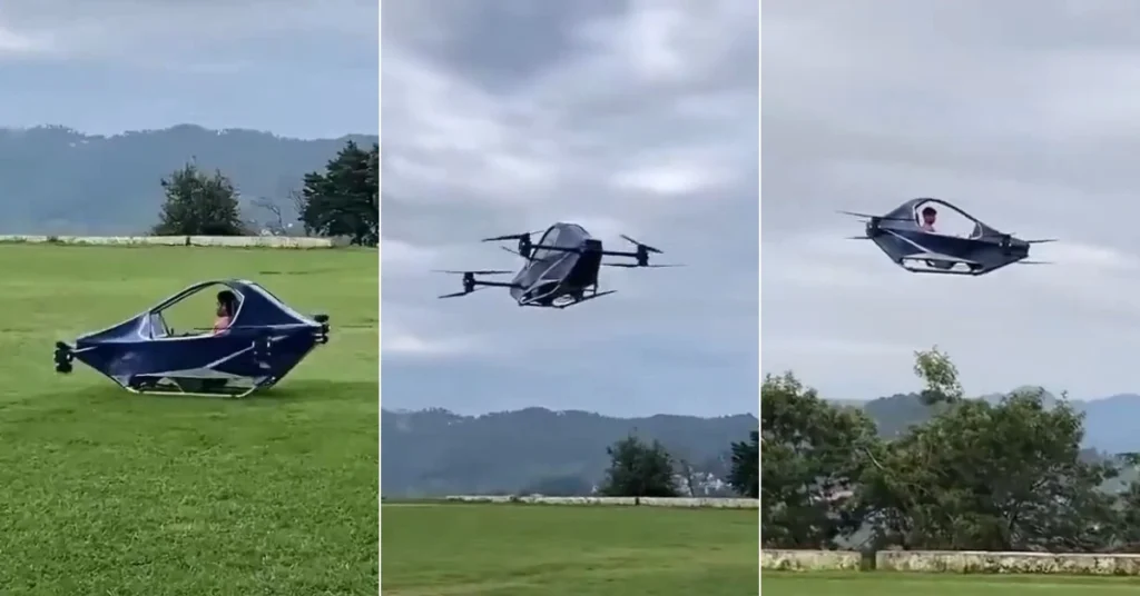 The HAPIDA SKYNEX electric personal flying vehicle prototype during its initial low-altitude flight test in Uttarakhand.