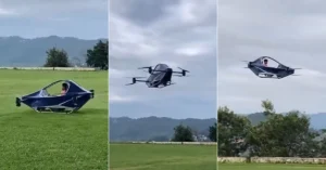 The HAPIDA SKYNEX electric personal flying vehicle prototype during its initial low-altitude flight test in Uttarakhand.