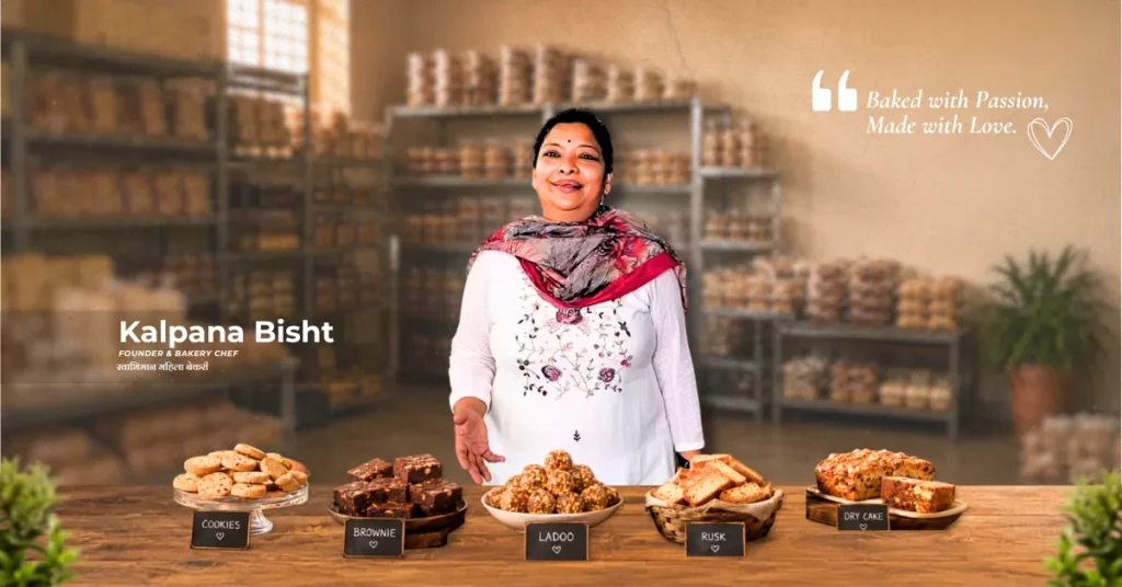 Kalpana Bisht stands inside the Swabhiman Mahila Bakery Unit with bakery products prepared from mandua and other local ingredients in Vikasnagar, Uttarakhand.
