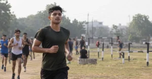 Young Indian candidate preparing for an Agniveer recruitment physical test