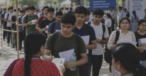 Candidates standing in a queue outside an examination centre with documents and identity cards.