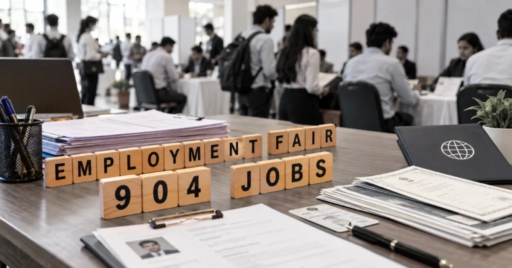 Young job seekers at a recruitment desk with CVs and documents representing an employment fair in Dehradun.