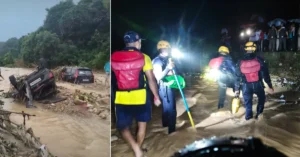 SUV caught in fast-moving floodwater and SDRF personnel conducting a night rescue operation in Dehradun