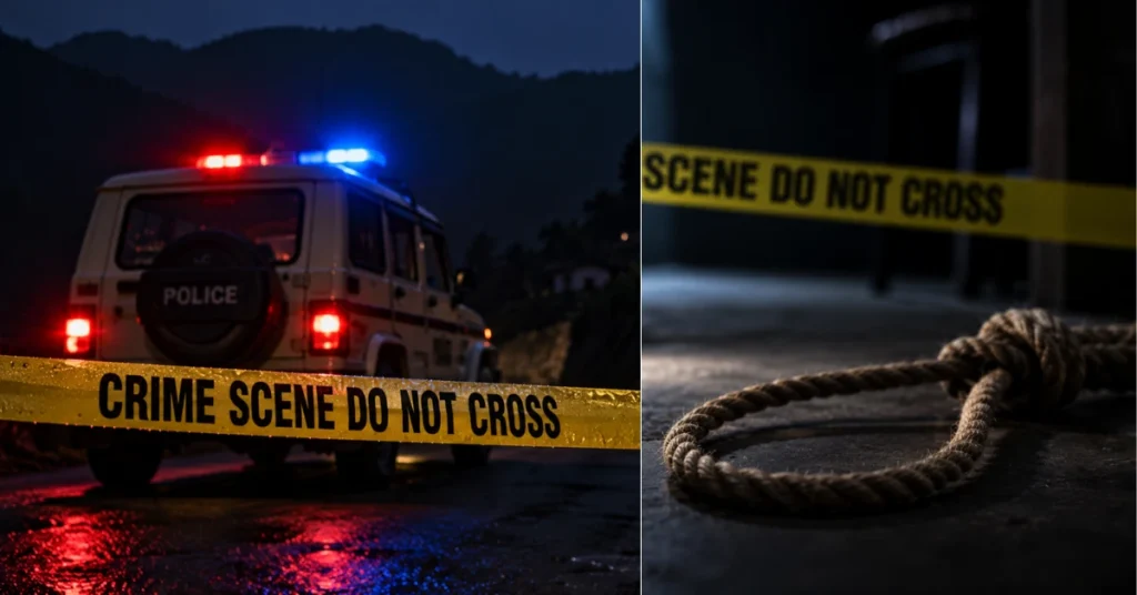 Police SUV with flashing lights on a dark mountain road beside a symbolic crime scene