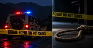 Police SUV with flashing lights on a dark mountain road beside a symbolic crime scene