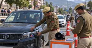 Traffic enforcement officer inspecting a commercial vehicle during a pressure horn check in Uttarakhand