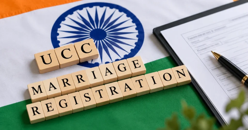 Wooden letter tiles spelling “UCC Marriage Registration” placed on the Indian tricolour with an Ashoka Chakra, alongside a registration document and pen.