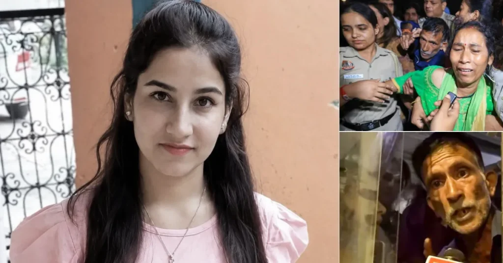 Three-panel photo collage showing Ankita Bhandari's portrait, her mother surrounded by police personnel during a protest and her father speaking to the media amid demands for completion of the CBI investigation.