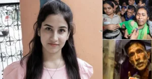 Three-panel photo collage showing Ankita Bhandari's portrait, her mother surrounded by police personnel during a protest and her father speaking to the media amid demands for completion of the CBI investigation.