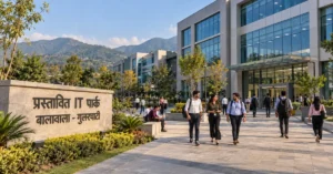 Conceptual view of the proposed IT park in Balawala-Gularghati, Dehradun, featuring modern glass office buildings, young professionals, landscaped walkways and green foothills.