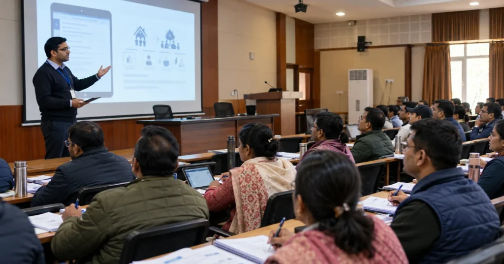 Documentary-style view of census field trainers attending a training session in Dehradun for जनगणना-2027, with an instructor and digital training materials.