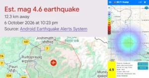 Earthquake alert map showing the 4.9-magnitude Chamoli earthquake in Uttarakhand on October 6, 2026.