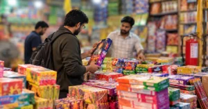 Customer examining a fireworks box at a colourful firecracker shop, with a shopkeeper, stacked firecracker packages and a fire extinguisher representing Diwali firecracker sales and safety requirements.