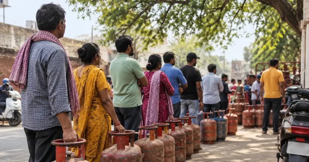 Consumers standing in a queue with domestic LPG cylinders, representing घरेलू गैस के नए कनेक्शन applications pending in Dehradun